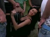 Busty Girl Gives Blowjob To Bunch Of Guys Outdoor and Gets Cumshots On Her Big Fake…