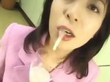 Petite Japan babe loves to eat semen with her food