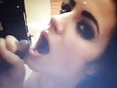 Paige finishes black wood with her mouth, facial