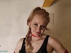 Chic Redhead Dances in Black Leather Leggings and Red Gloves Free XXX | xvideosearch.com