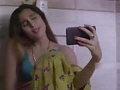 Indian desi bhabhi in bra selfie video call husband bathroom